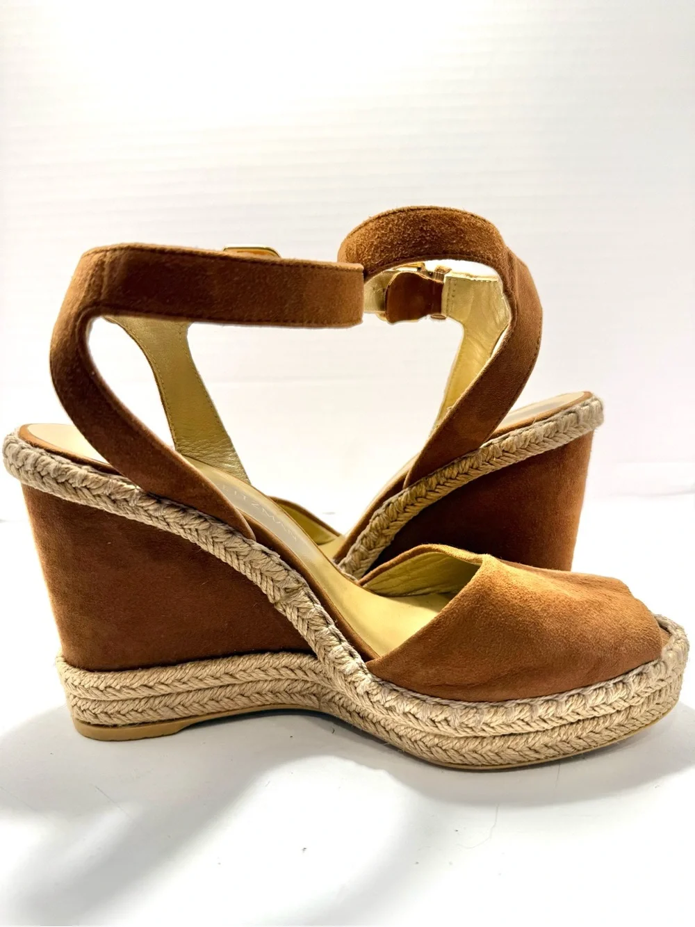 Stuart Weitzman Cognac Suede Espadrille Wedge Sandals Women’s Size 6.5